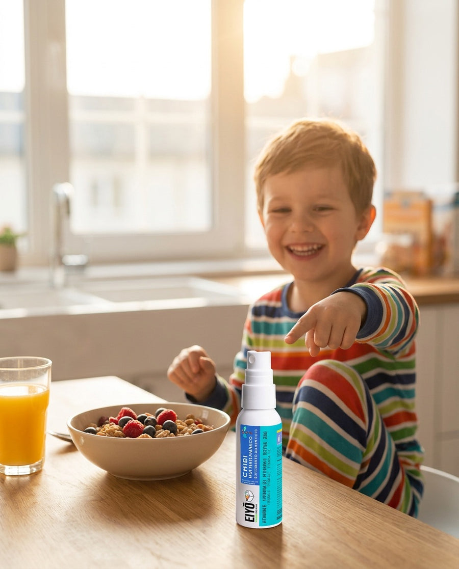 Niño en pijama en la mesa del desayuno señala feliz el frasco de Chibi