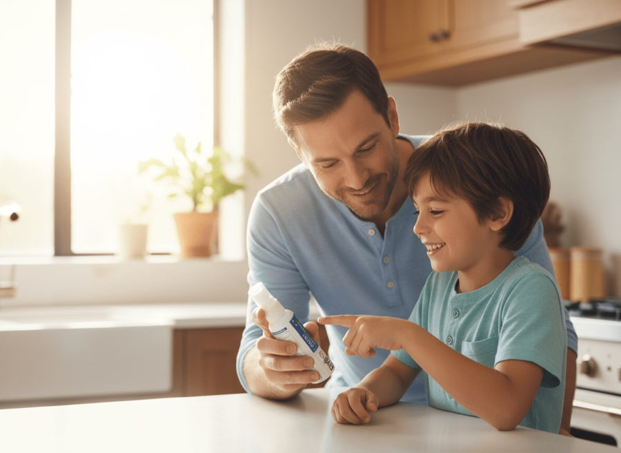 Papá muestra el frasco de Chibi a su hijo, que lo señala sonriendo