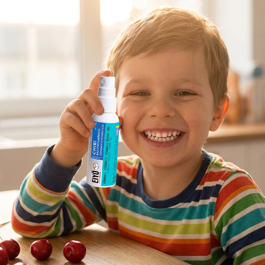 Niño con una gran sonrisa sostiene el frasco de Chibi, con cerezas en la mesa