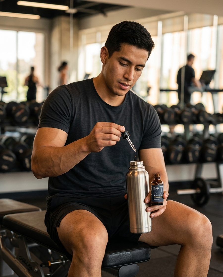 Hombre en el gym pone el gotero de Denkai en su termo de acero