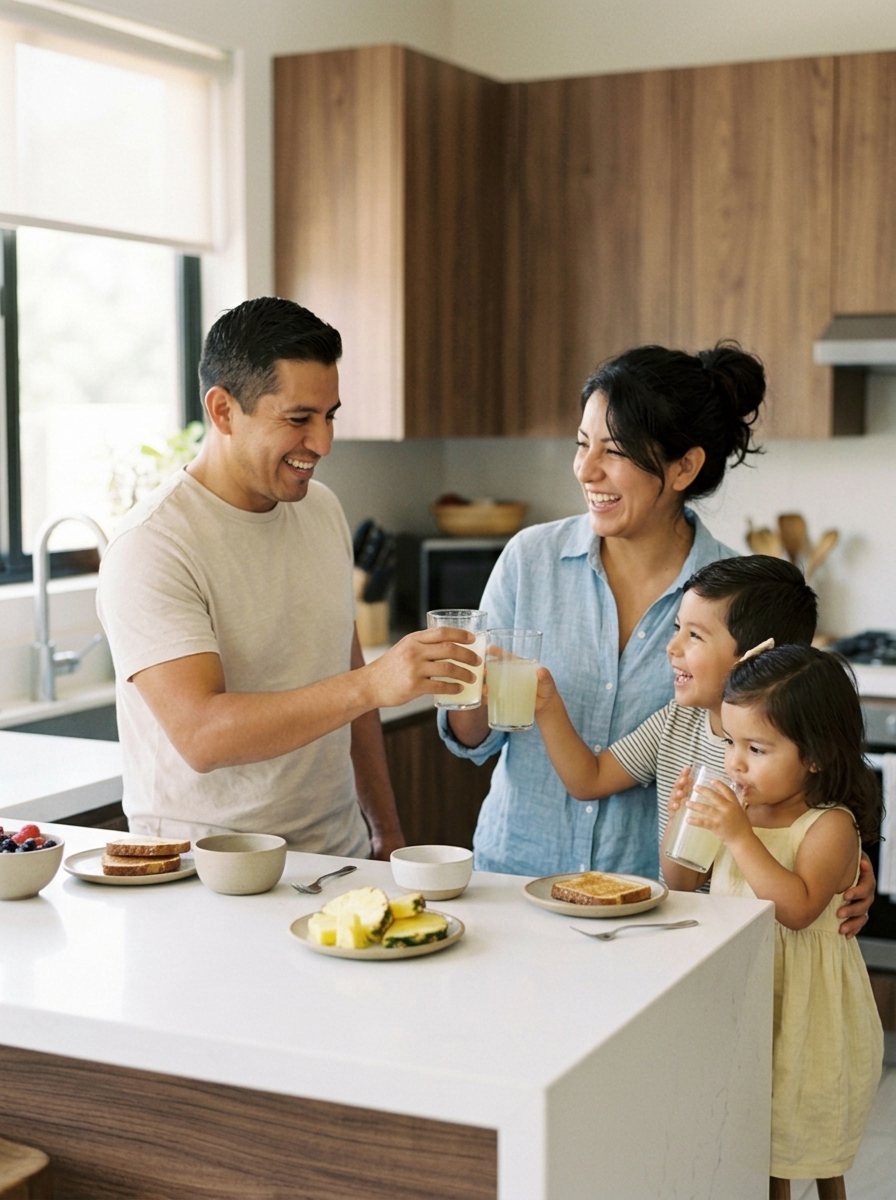 Familia de cuatro en la cocina brindando con vasos de agua de piña amarillo pálido