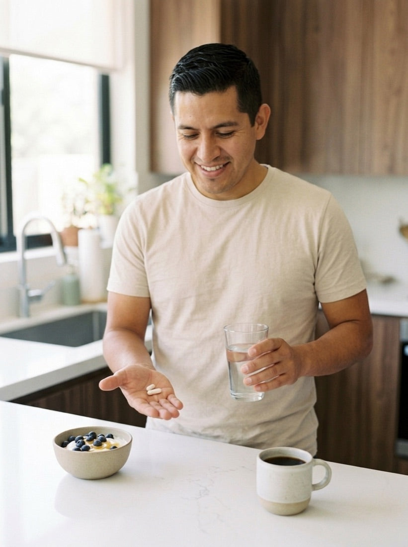 Papá en la cocina con dos cápsulas en la palma y un vaso de agua