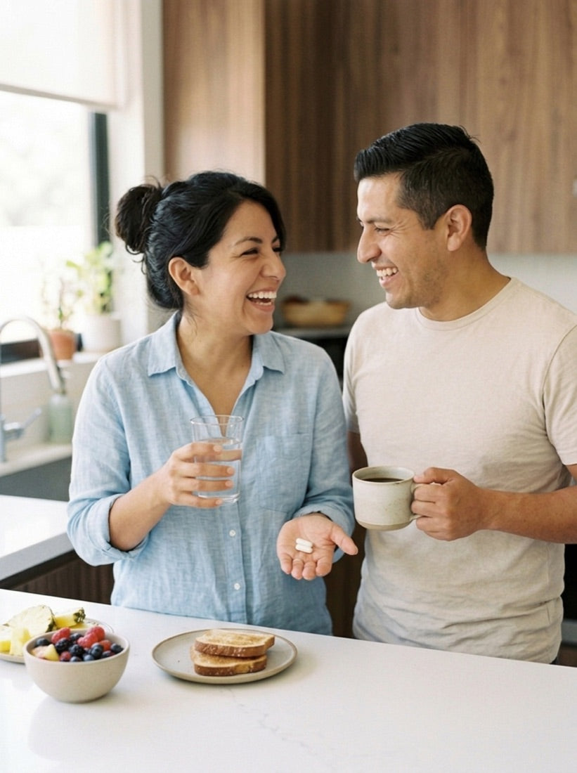 Mamá y papá ríen en la cocina; ella con dos cápsulas y un vaso de agua, él con su café