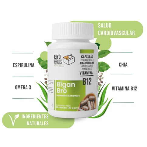 Bigan Bro veganas con chia, omega 3, alga espirulina, vitaminas, minerales y Vitamina B12 - Eiyo