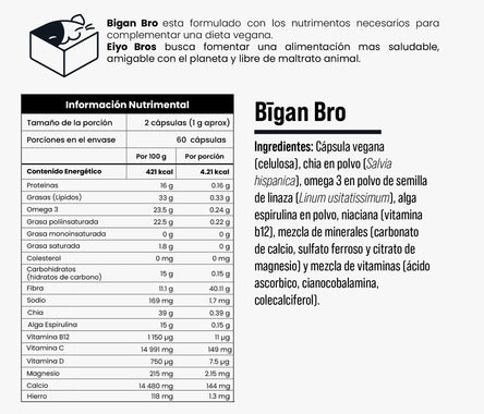 Bigan Bro veganas con chia, omega 3, alga espirulina, vitaminas, minerales y Vitamina B12 - Eiyo