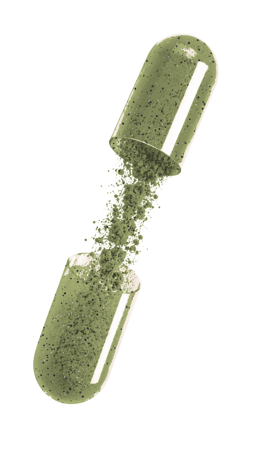 Cápsula de Bigan abierta: polvo verde olivo de espirulina con motas oscuras de chía cayendo de una mitad a la otra