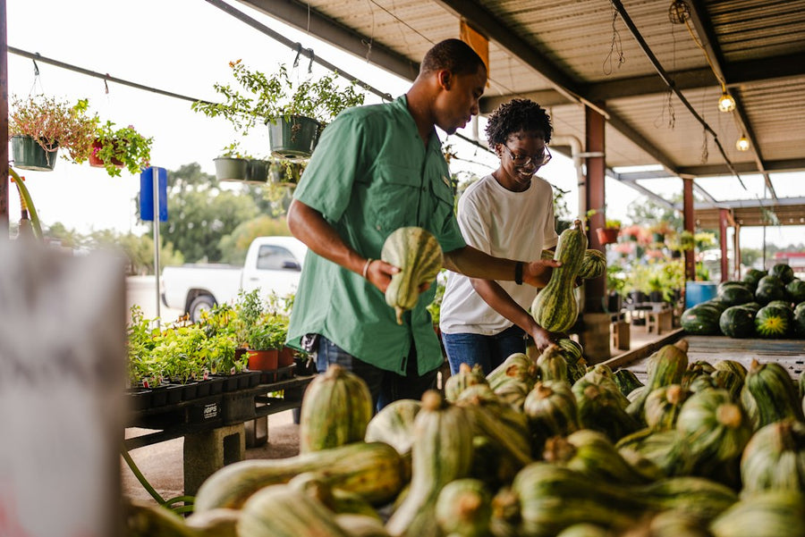 Pareja escogiendo calabazas en un mercado al aire libre