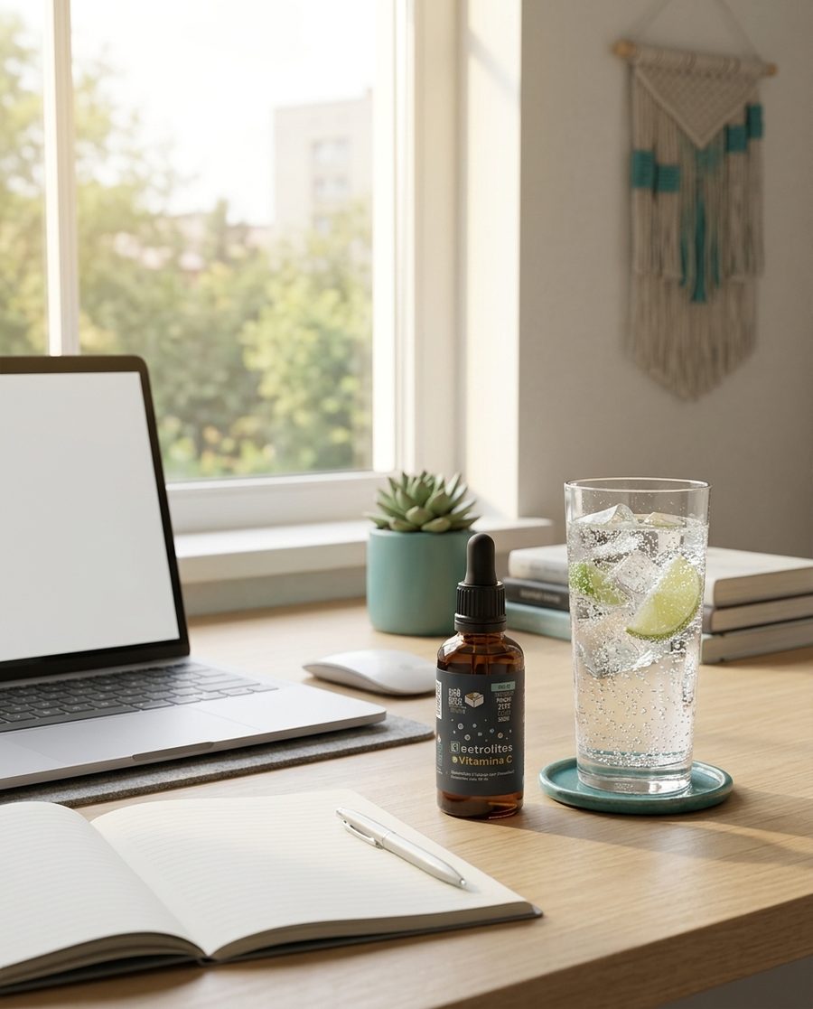 Escritorio con agua mineral con limón y el frasco de Denkai
