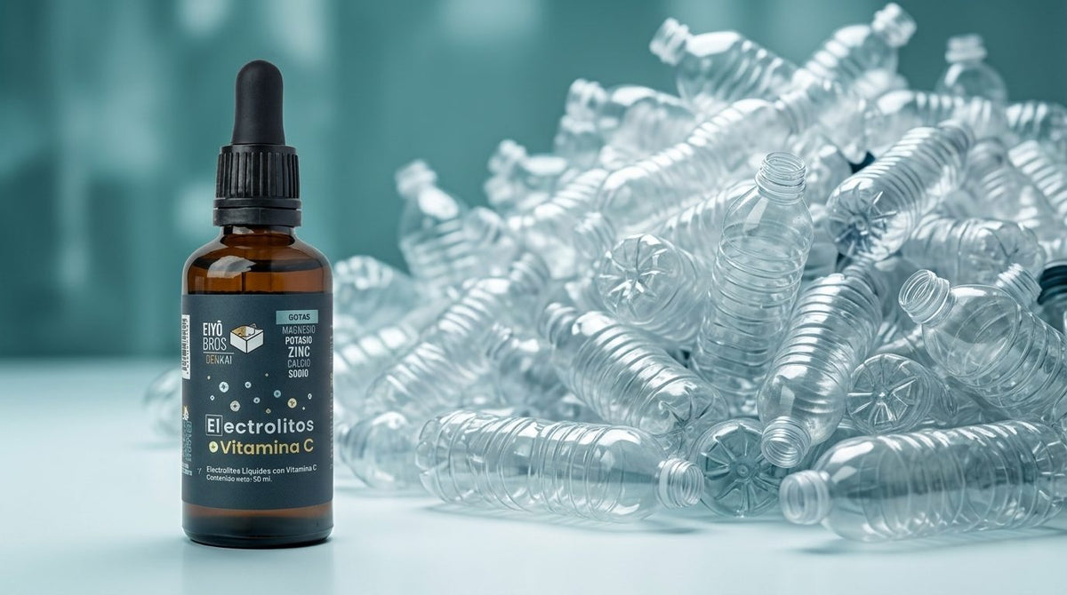 Un frasco de vidrio ámbar de Denkai junto a un montón de botellas de plástico vacías