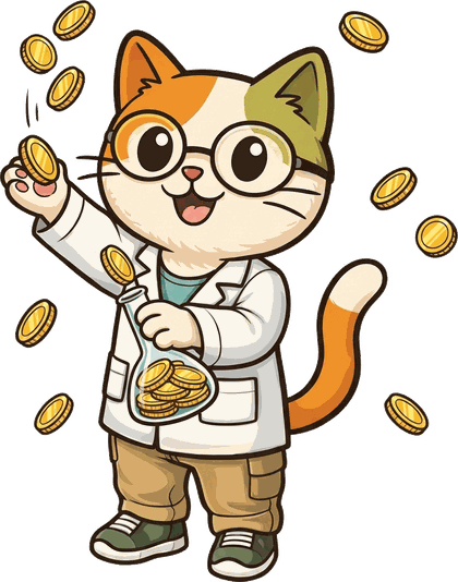 El gatito científico juntando monedas en su matraz