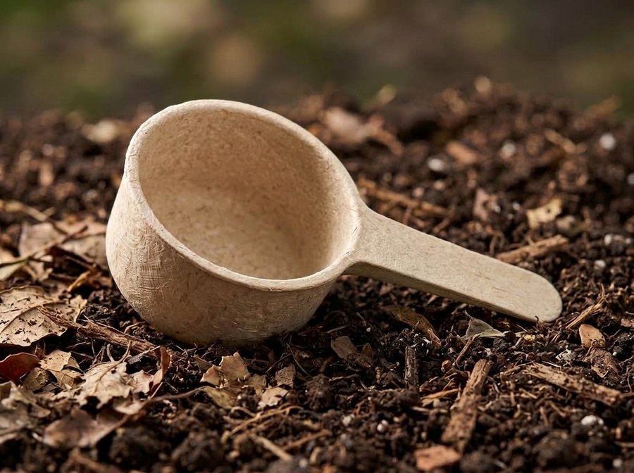 Scoop de fibra vegetal sobre composta, con un brote que crece a un lado