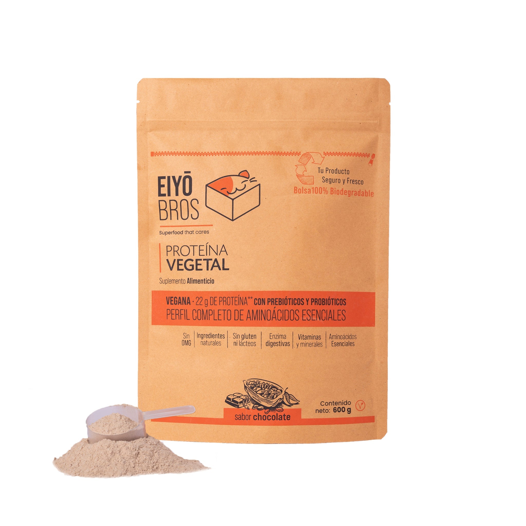 Proteína vegetal sabor chocolate 600 g empaque 100% biodegradable - Eiyo