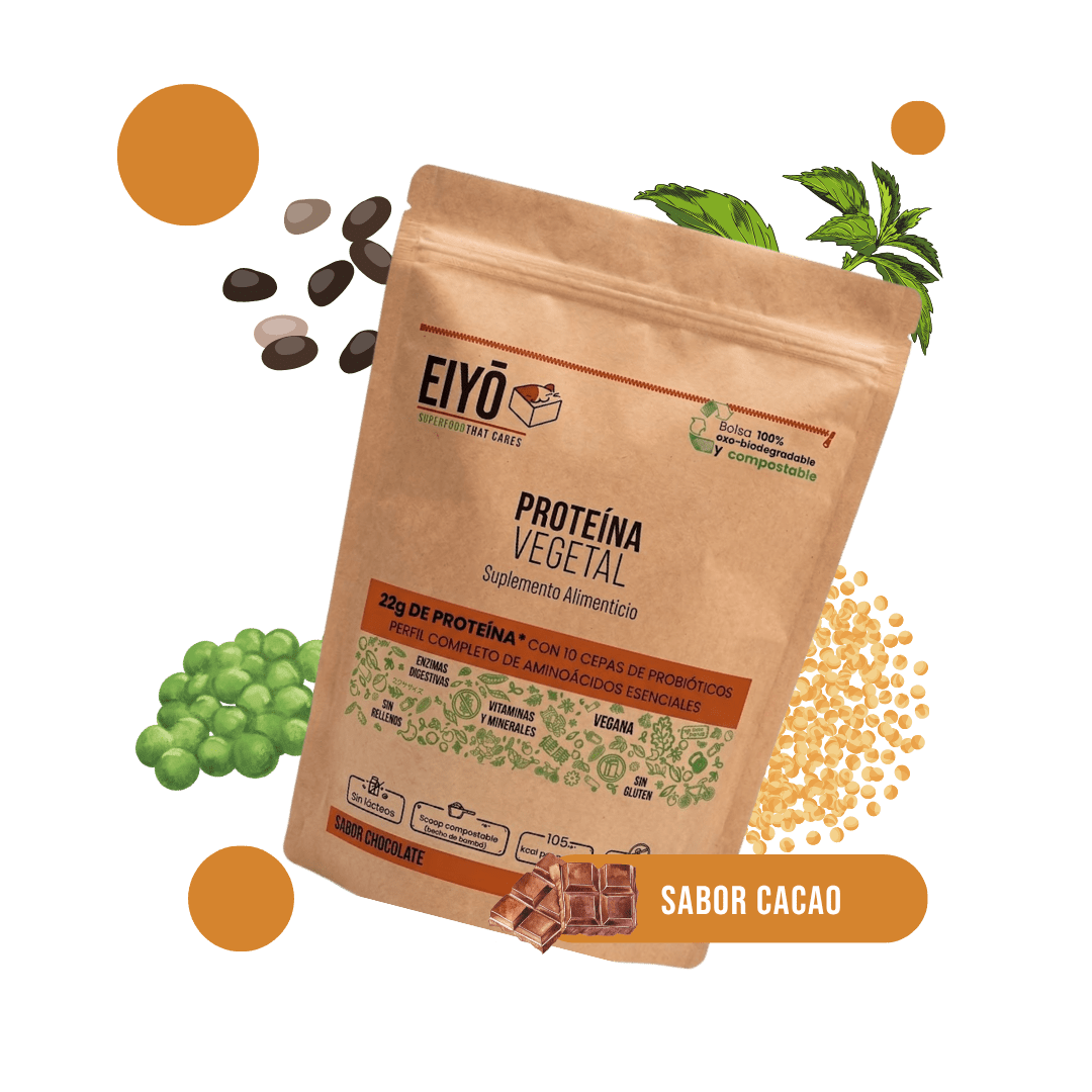 Proteína vegetal sabor chocolate 600 g empaque 100% biodegradable - Eiyo