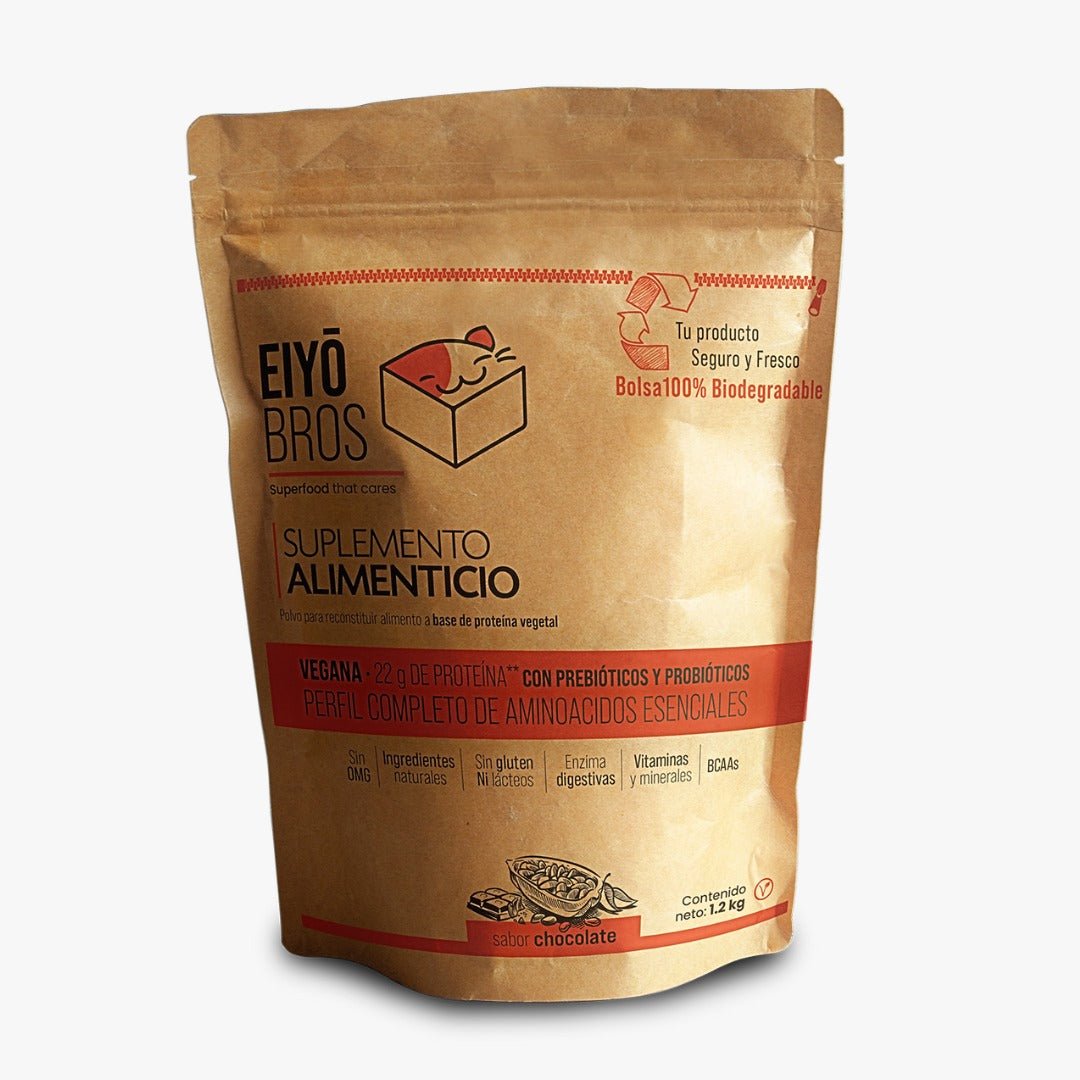 Proteína vegetal sabor chocolate 600 g empaque 100% biodegradable - Eiyo
