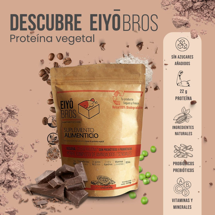 Proteína vegetal sabor chocolate 600 g empaque 100% biodegradable - Eiyo