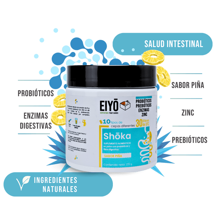 Shoka en Polvo – 10 Cepas de Probióticos y Prebióticos, Enzimas, Zinc y 30 Billones de UFC - Eiyo