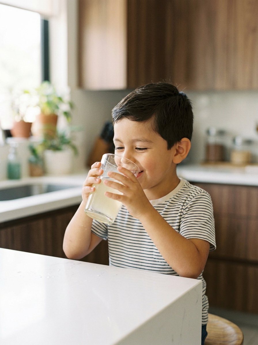 Niño de playera a rayas tomando con las dos manos un vaso de agua de piña amarillo pálido